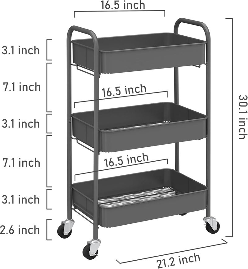 CAXXA 3-Tier Rolling Metal Storage Organizer - Mobile Utility Cart with Caster Wheels, Gray - Image 2